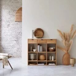 Miho - Bibliothèque Basse En Teck Massif Et Terrazzo Premium White