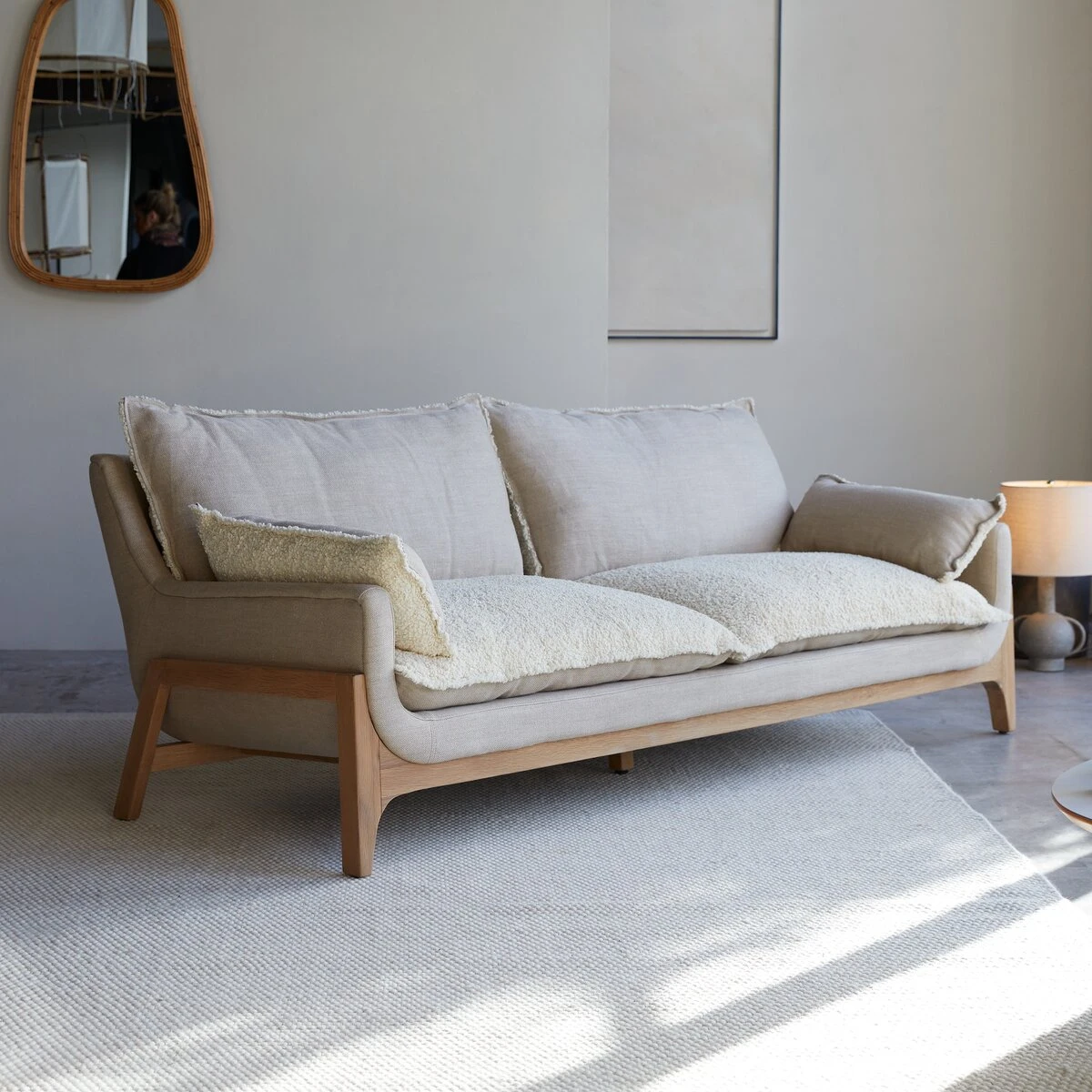 Woodnest - Canapé En Chêne Massif Et Tissu Linen 3 Places – Image 4