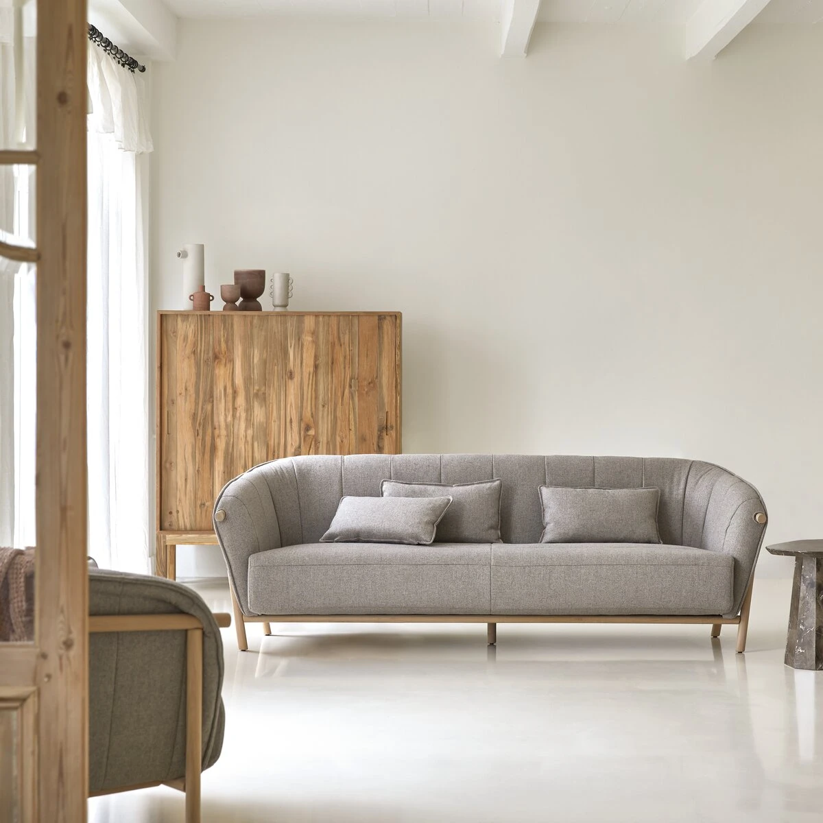 Yas - Canapé En Chêne Massif Et Tissu Gris 3 Places