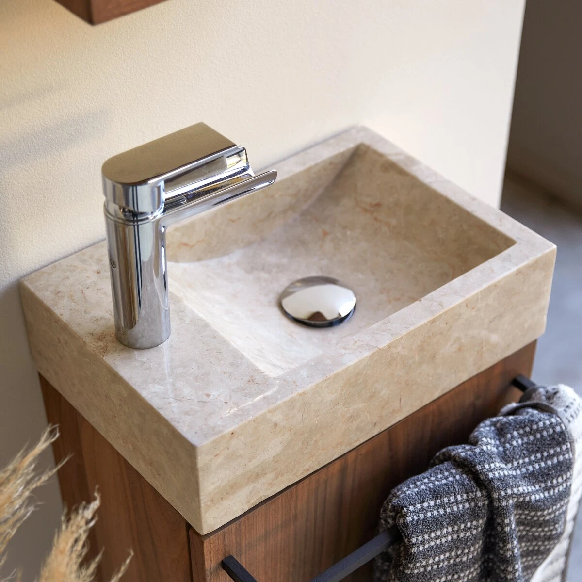 Stelle - Meuble Lave Main En Noyer Massif Et Marbre Cream – Image 3