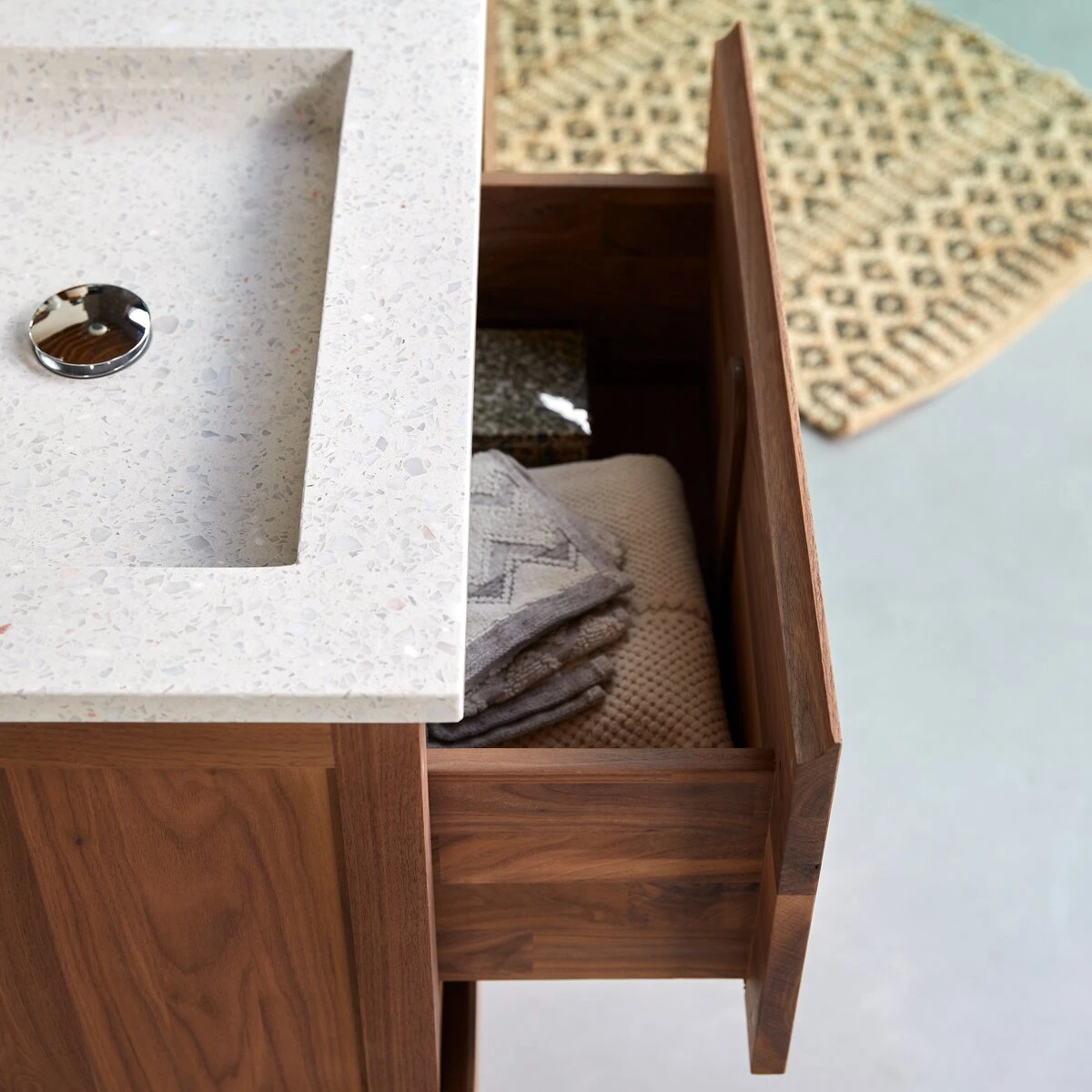 Edgar - Meuble Salle De Bain En Noyer Massif Et Terrazzo Premium Moon 120 Cm – Image 7