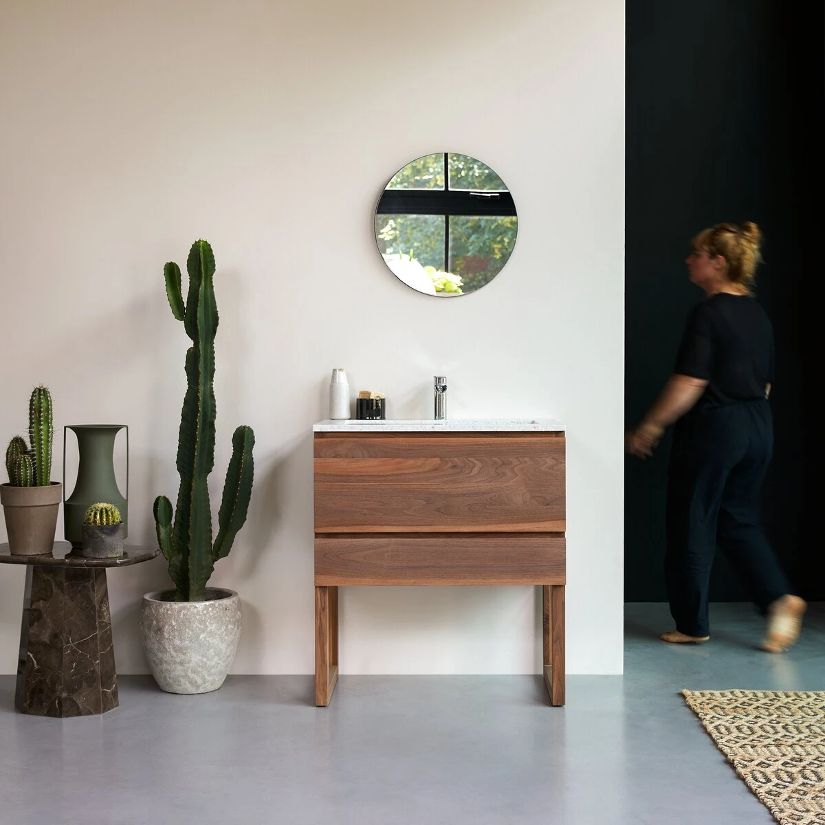 Edgar - Meuble Salle De Bain En Noyer Massif Et Terrazzo Premium Moon 80 Cm