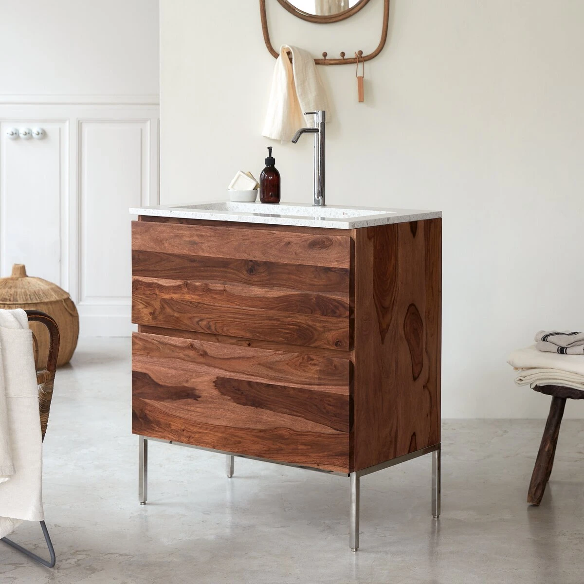 Nova - Meuble Salle De Bain En Palissandre Massif Et Terrazzo Premium Moon 80 – Image 4