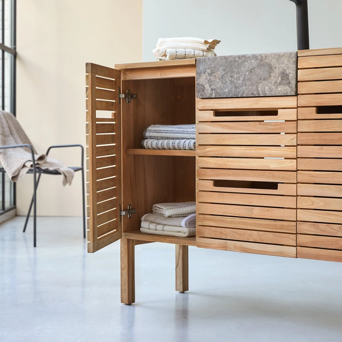 Slats - Meuble Salle De Bain En Teck Massif Et Marbre 125 Cm – Image 2