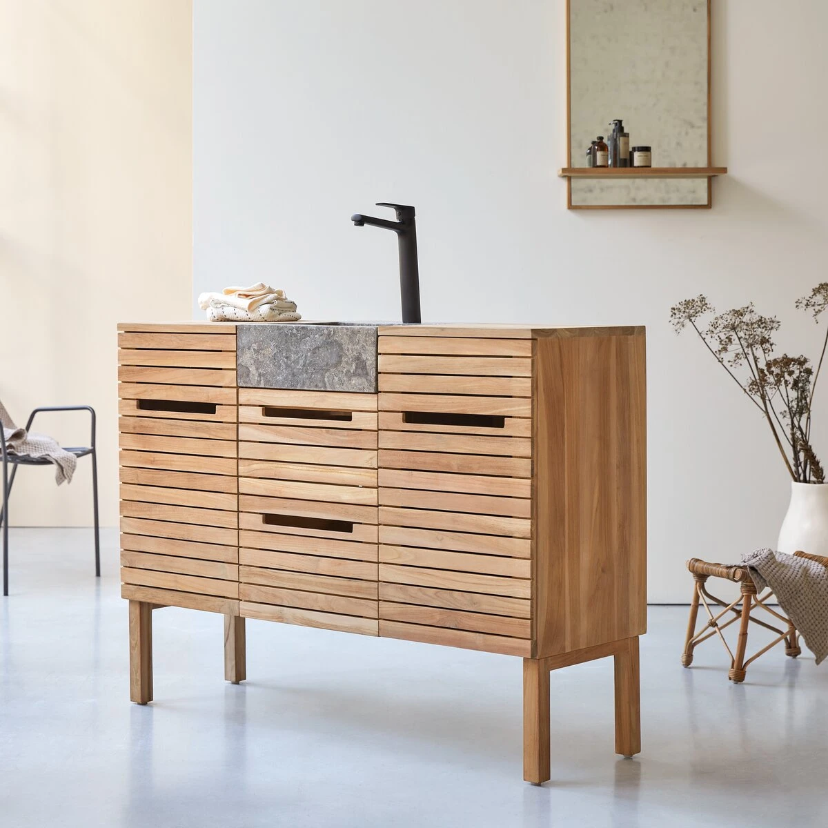 Slats - Meuble Salle De Bain En Teck Massif Et Marbre 125 Cm – Image 4